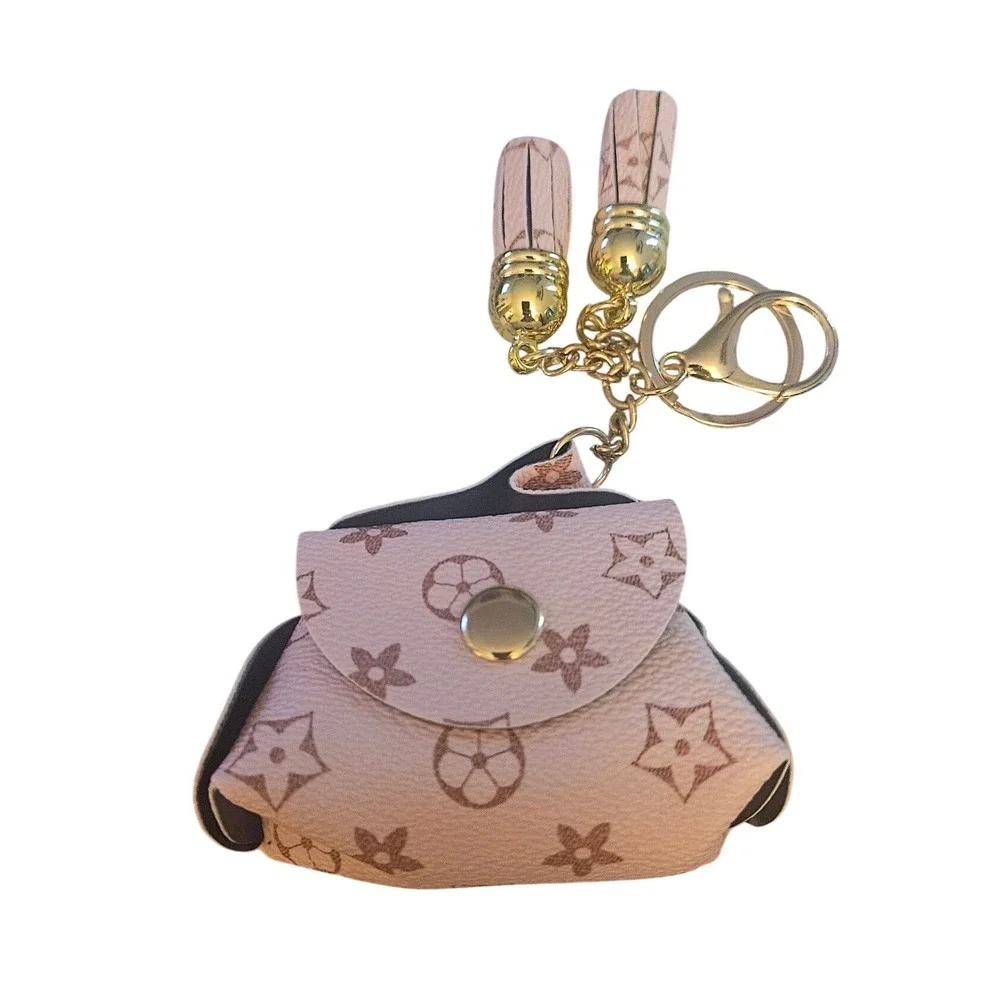 Mini Monogram Floral Coin Purse Keychain Bag Charm Pink Tassel Accessory